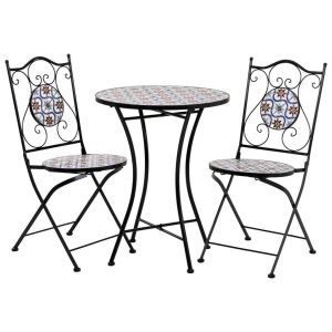 Conjunto mesa y dos sillas de mosaico y forja negro, azul y naranja