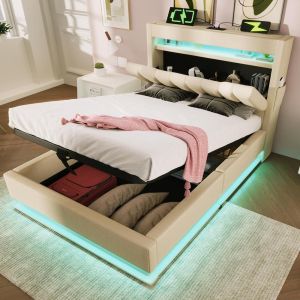 Cama tapizada con almacenaje LED rgb 90x200cm beige