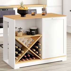 Mesa bar isla - blanco madera - estante para botellas - 113 cm