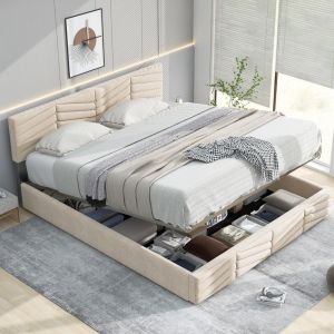 Cama tapizada terciopelo 140x190cm cabecero ajustable beige
