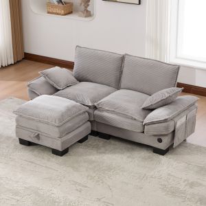 Sofá modular 2 plazas pana gris claro con reposapiés usb y bolsillos