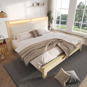 Cama doble 140x200 cm beige, cabecero acolchado terciopelo,sin colchón