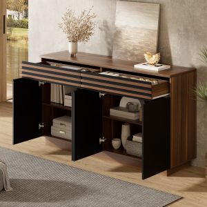 Aparador salón comedor cocina 4 puertas 2 cajones negro/marron 85x150x40cm