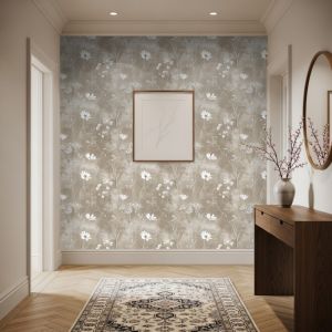 Papel floral minimalista flores blancas fondo marrón taupe 60cm por 250cm