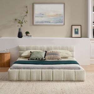 Cama 140x200 cm de chenilla, marco de eucalipto y hierro, beige