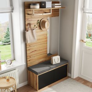 Mueble recibidor con espejo banco y zapatero negro y madera 190x110x38cm