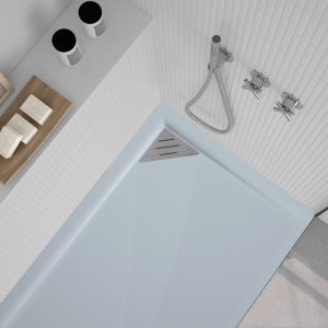 Plato de ducha resina trinity gris  80x80 cm rejilla inox a la izquierda