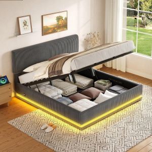 Cama con almacenaje, LED regulable y usb-c, 180x200cm, gris