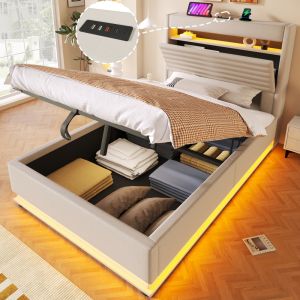 Cama tapizada 90x200 cm con LED, usb, tipo c y canapé de lino – color beige