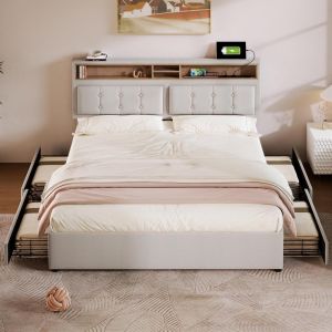 Cama tapizada 140x200cm con 4 cajones y usb, cabecero ajustable, beige