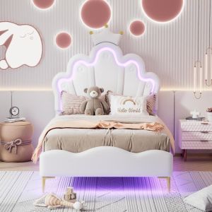 Cama 90x200cm corona princesa con tira LED regulable, blanco
