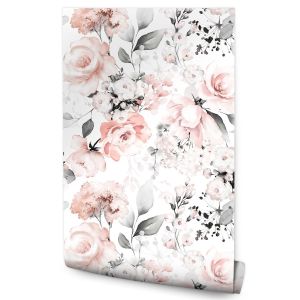 Papel Pintado Con Rosas Hojas Y Acuarela Para Dormitorio 53cm x 10m