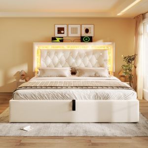 Cama hidráulica,180x200,tira LED diamante,beige