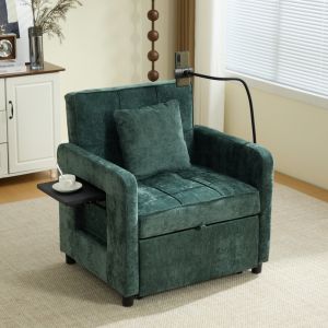 Sillón cama individual chenilla verde reclinable con bolsillos