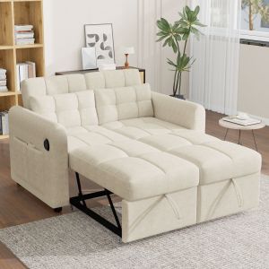 Sofá cama 3 en 1 2 plazas algodón lino beige respaldo ajustable usb