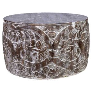 Mesa de centro redonda de madera tallada artesanal marron 76x76x45