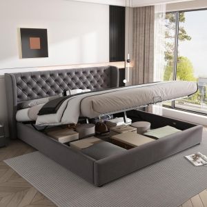 Cama doble tapizada chesterfield 180x200cm con almacenaje gris