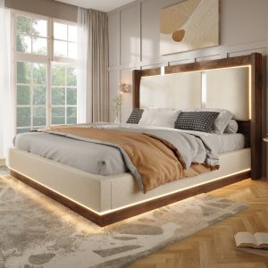 Cama tapizada 140x200 cm con LED y canapé hidráulico lino