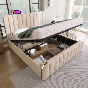 Cama tapizada 140x200cm con almacenaje hidráulico y usb lino – beige