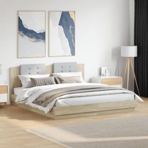 Cama cabecero luces LED roble sonoma 180x200 cm