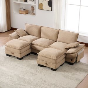 Sofá modular 3 plazas pana caqui con 2 otomanas usb y bolsillos
