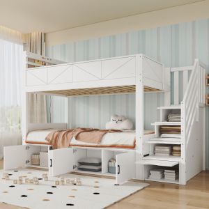 Cama litera 90x200cm con almacenaje madera maciza y tablero mdf blanco