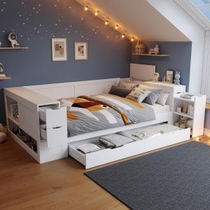 Cama multifuncional con cajones y estanteria 140x200cm blanco