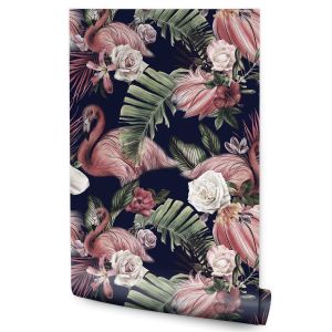 Papel Pintado Flamencos Rosas Pájaros Hojas Tropicales No Tejido 53cm x 10m
