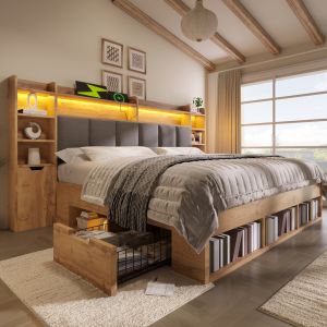 Cama doble 180x200cm con LED usb almacenaje mdf madera maciza roble