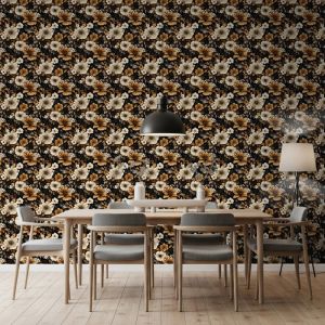 Papel floral diseño elegante flores beige y oro fondo negro 60cm por 250cm