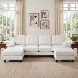 Sofá en u chenilla beige 4 plazas con doble chaise longue y bolsillos