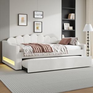 Cama nido 140x200cm con LED multicolor, somier de láminas, beige