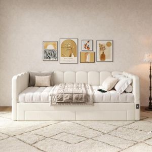 Cama convertible 90x190cm con almacenaje y usb extensible 180cm beige