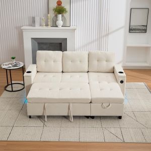 Sofá cama,tres plazas,compartimento de almacenamiento oculto,blanco