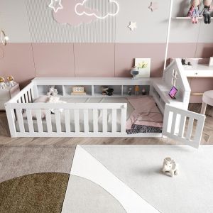 Cama infantil 90x200cm madera maciza con almacenaje blanco