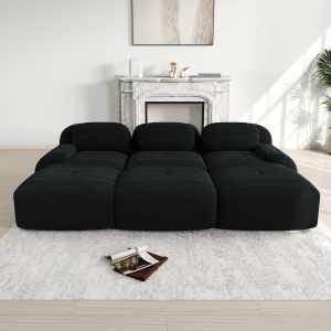 Komhtom,tres sofás, tres reposapiés,pana, negro.