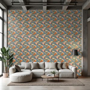 Papel floral vintage peonías naranja fondo azul petróleo 60cm por 300cm