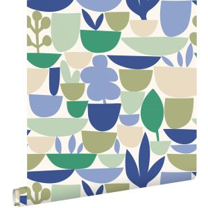 Estahome papel pintado cerámica y plantas azul y verde 50 x 900 cm
