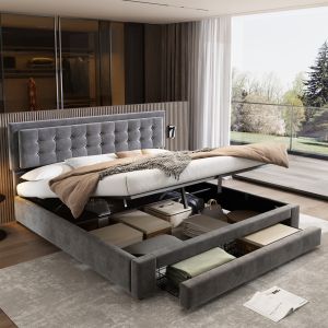 Cama tapizada 160x200cm con canapé y cajones terciopelo – gris