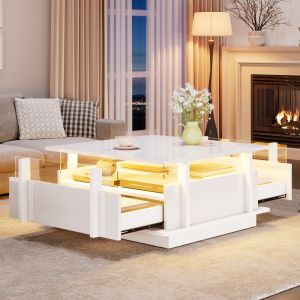 Mesa de centro con LED y 2 cajones blanca 35x70x70cm
