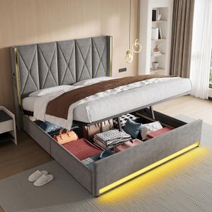 Cama 180x200cm con cabecero, usb, LED y almacenaje gris oscuro