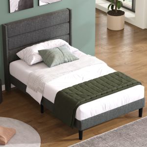 Cama tapizada 90x200cm con cabecero acolchado y almacenaje lino – gris