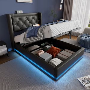 Cama tapizada 90x200cm canapé usb tipo c LED pu negro con colchón