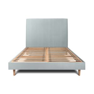 Cama de 135x190 cm con cabecero tapizado - tejido de terciopelo - gris azul