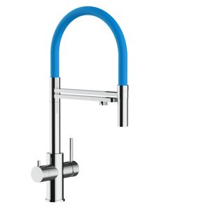 Grifo de cocina 5 vías acero inox ducha 2 chorros amovible, pulido/azul, FX