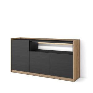 Aparador para salón, 156x37x80cm, negro y roble, LED rf4945