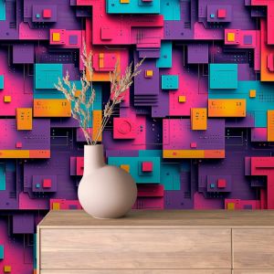 Papel pintado geek circuito geométrico color fucsia 60cm por 300cm
