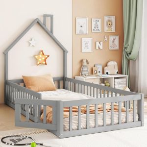 Cama infantil 90x200cm madera forma chimenea con barandilla gris