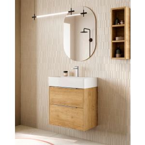 Mueble baño suspendido fondo reducido lavabo cerámico roble tirador cromo