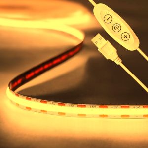Tira LED 5v cob blanco cálido 3000k. Usb + dimmer. Interior ip20, 8w/m 2m